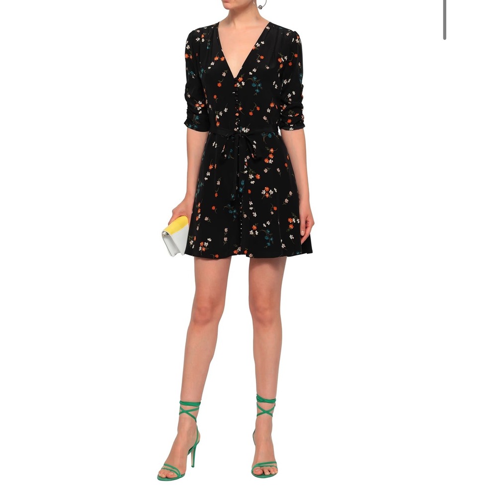 Nicholas Dress Ruffled Silk Mini Women Size 4 Black Floral Long Sleeve